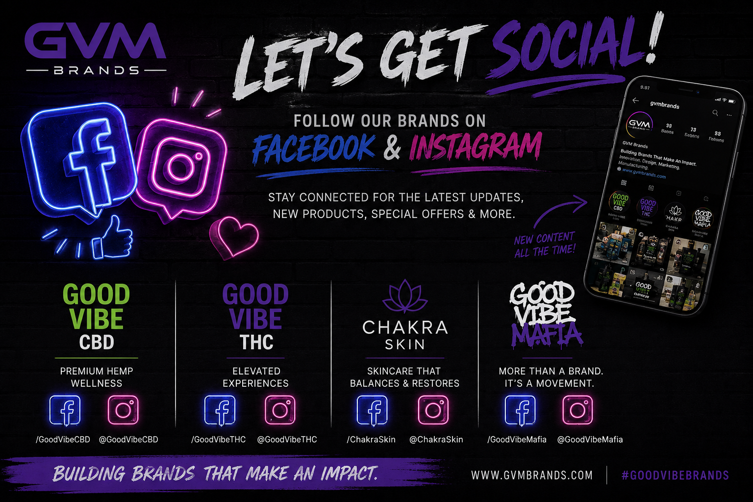 Neon Facebook and Instagram logos on a dark brick wall with promotional text urging follows on social media.