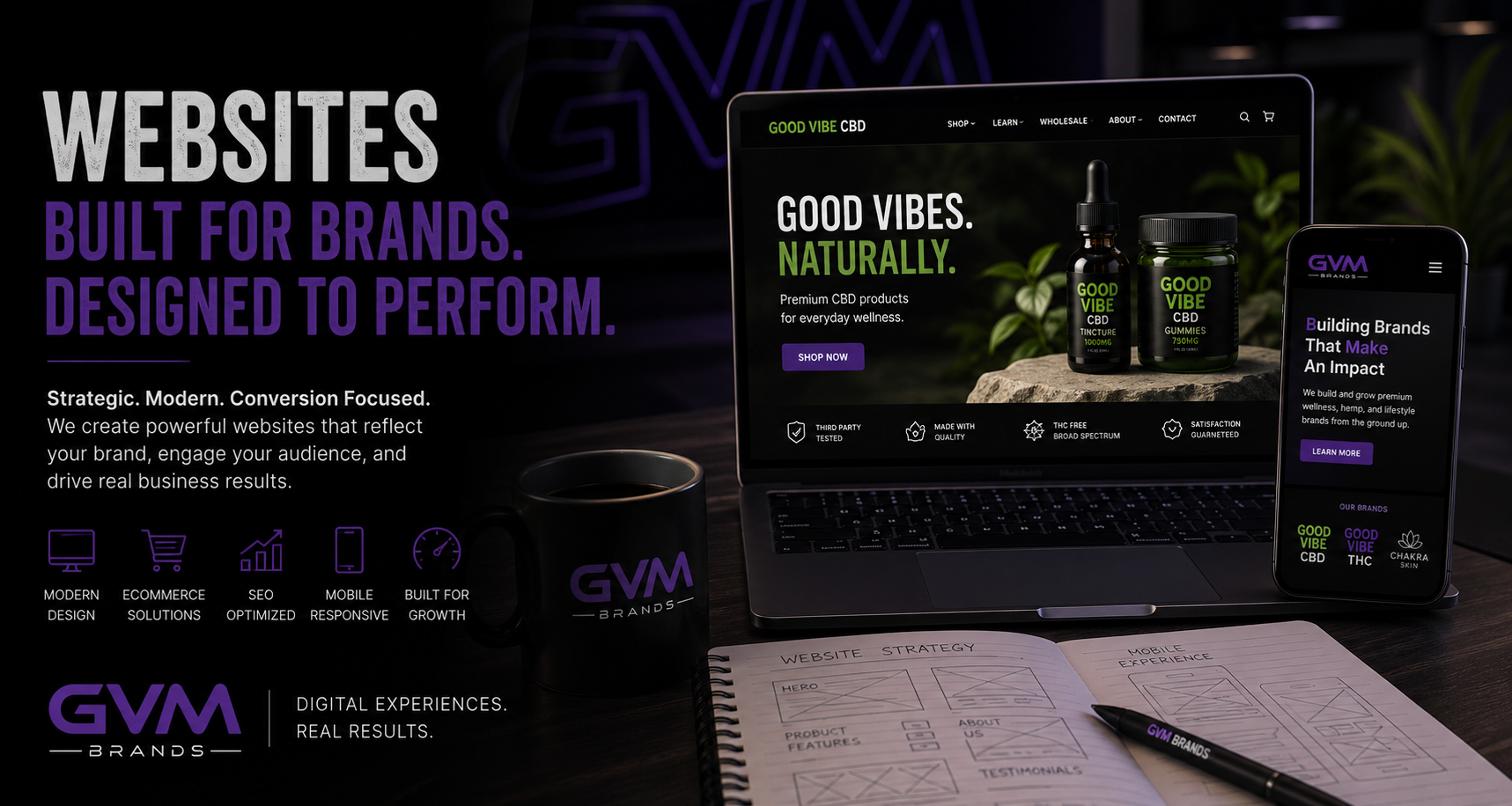 Hero banner with bold left-aligned headline 'WEBSITES BUILT FOR BRANDS. DESIGNED TO PERFORM.' and a right-side laptop showing a CBD product site on a dark desk setup with a phone displaying the same brand.