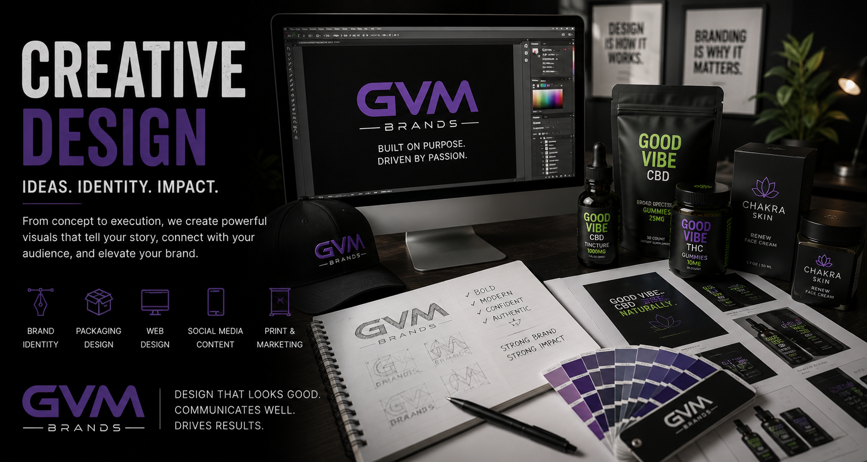 Promotional workspace for GVM Brands: monitor with logo, cap, CBD products, and design materials on a desk.