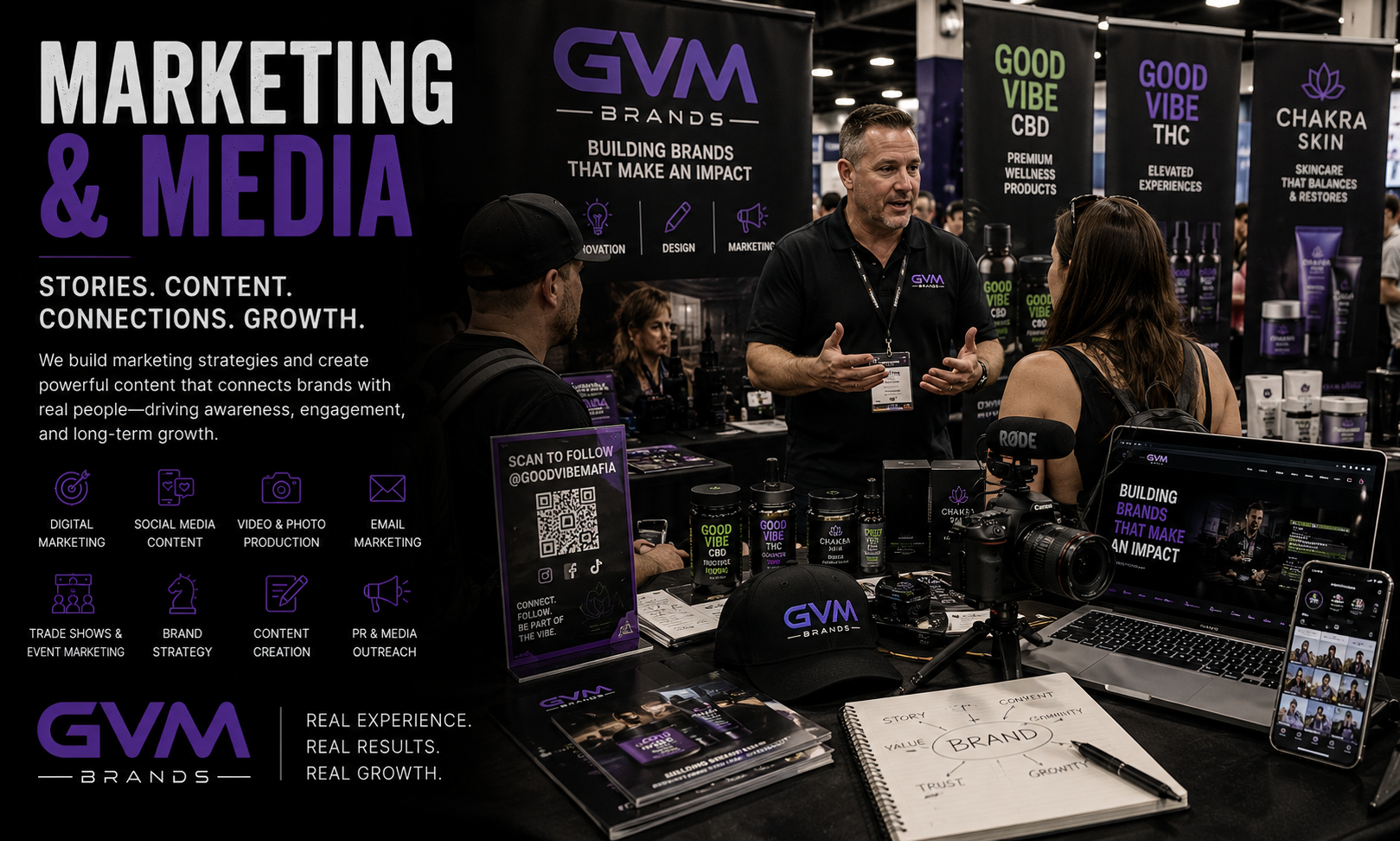 Trade show booth with a large MARKETING & MEDIA banner, people conversing at a GVM Brands display with product jars and a laptop nearby.