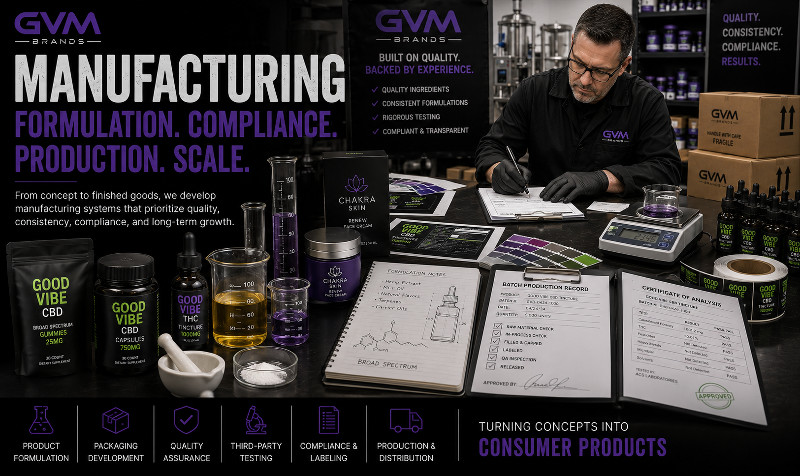 GVM Brands manufacturing banner: a researcher in gloves signs a batch record at a cluttered workstation with CBD products nearby.