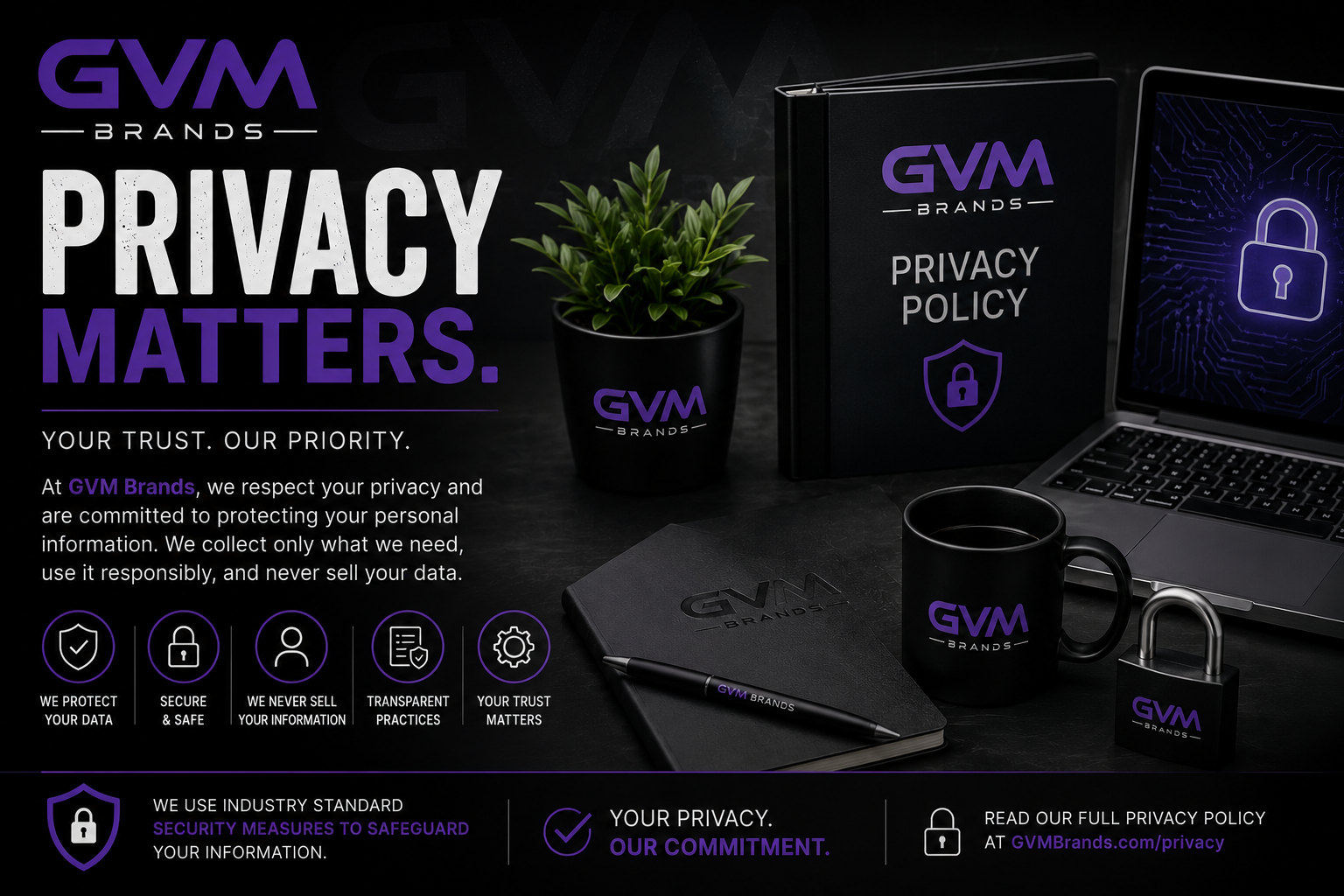 GVM Brands privacy banner: large 'Privacy Matters' message with policy materials and office desk scene promoting data protection commitments.