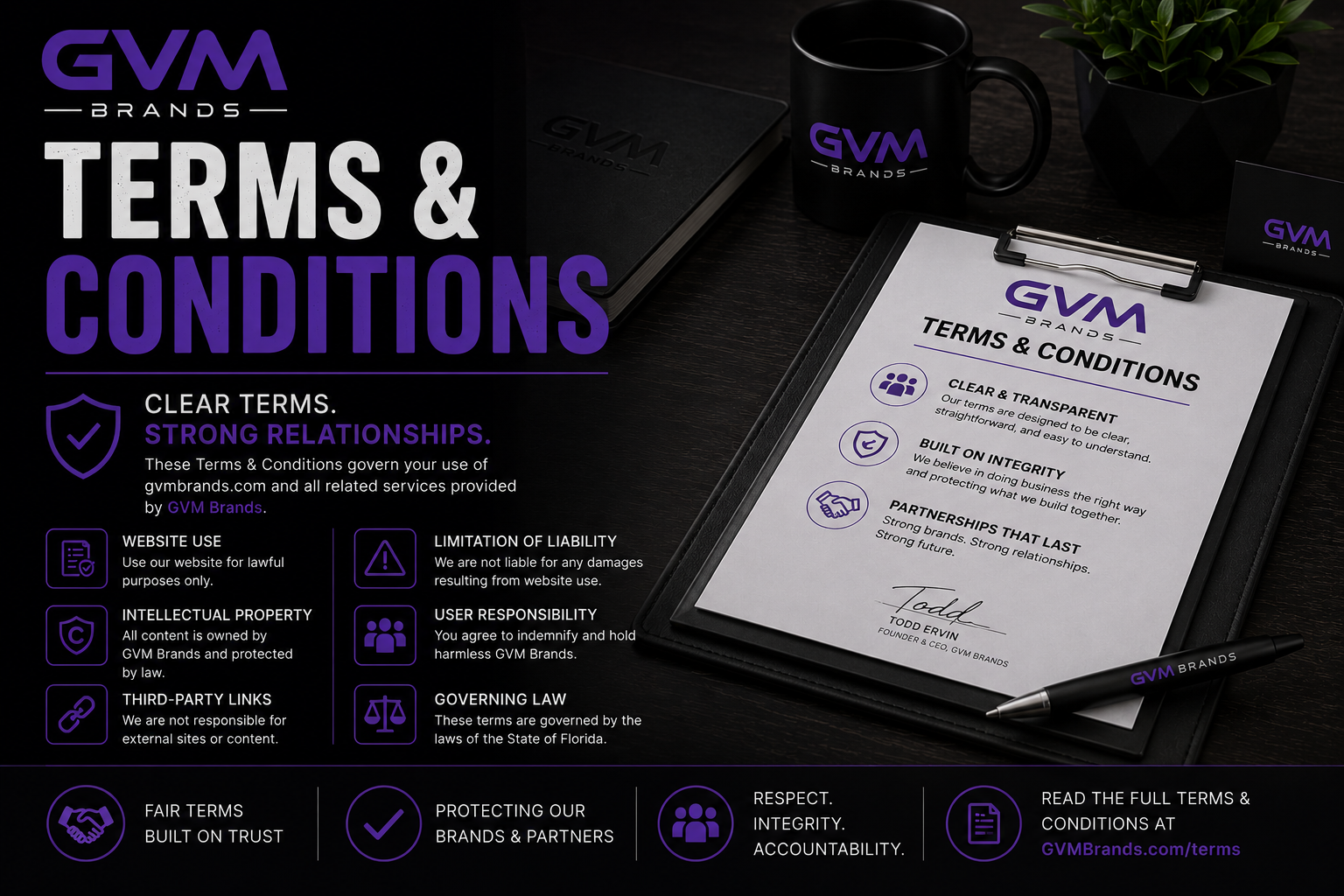 Promotional graphic for GVM Brands titled Terms & Conditions, featuring a clipboard with the terms document on the right and a bold TERMS & CONDITIONS headline on the left with purple branding elements.